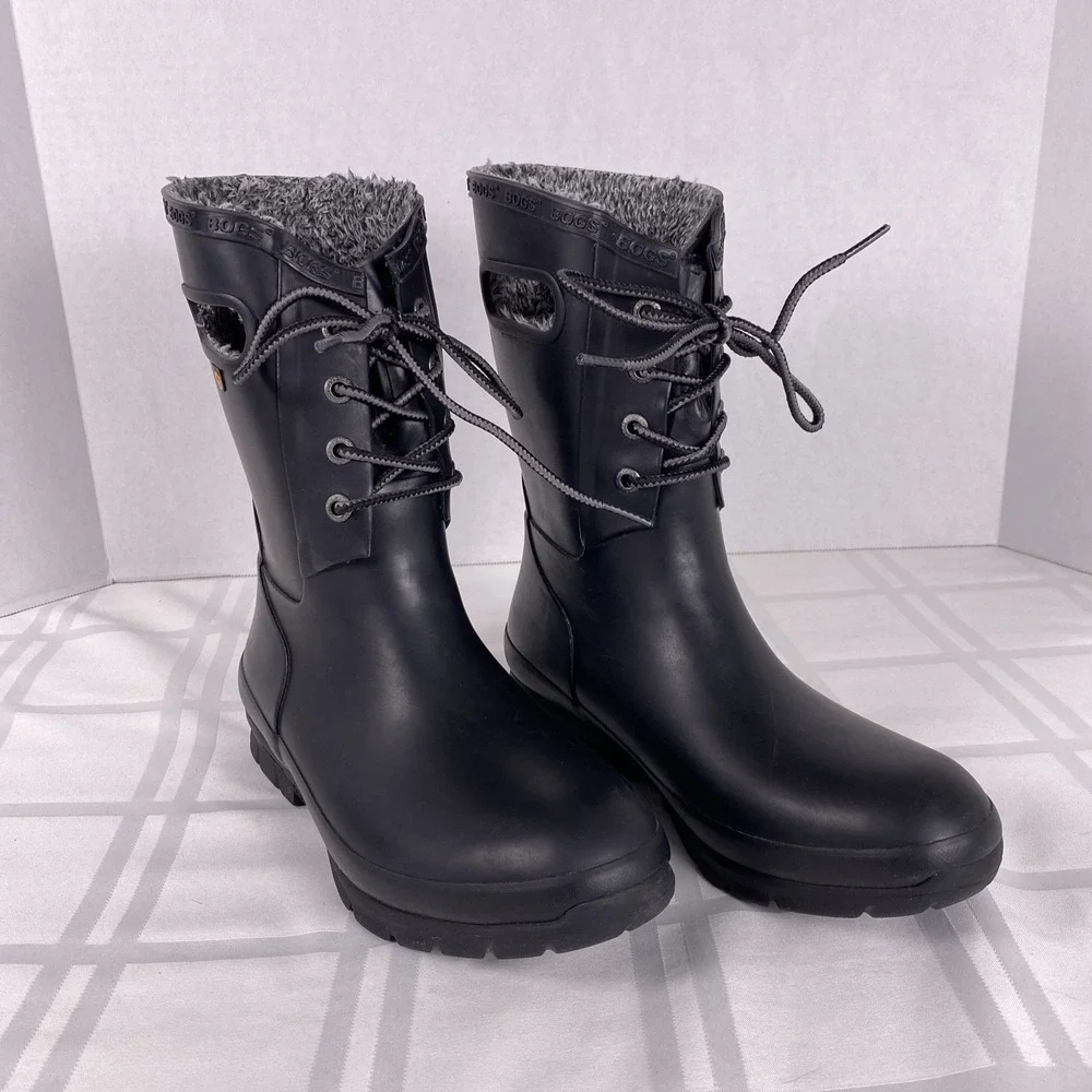 Bogs Rain Boots Amanda Plush Waterproof Rubber Black LaceUp Women US 8 Insulated